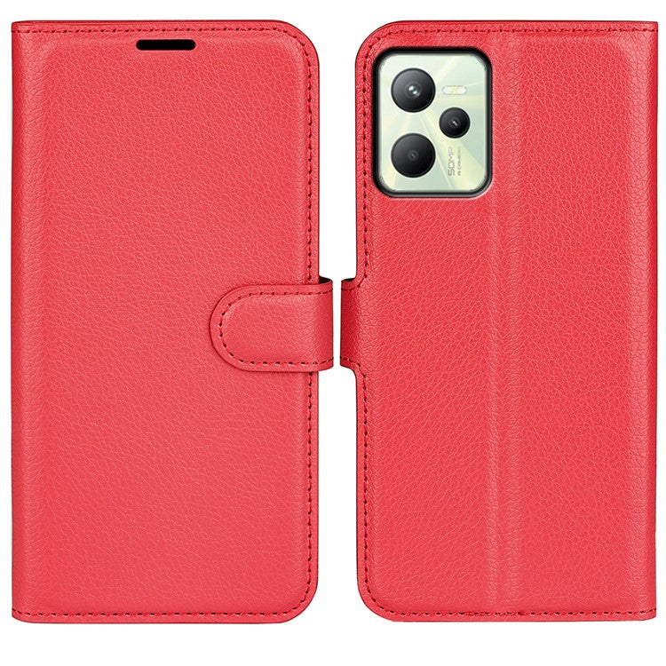 For Realme C35 Wallet Anti-scratch Litchi Texture PU Leather Flip Cover Stand Magnetic Closure Anti-dust Phone Case - Red