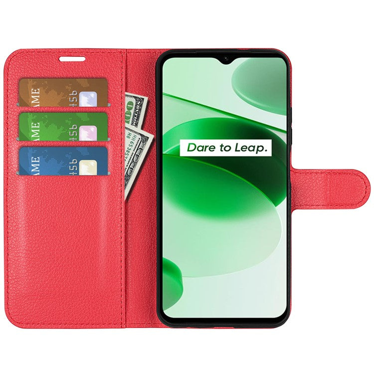 For Realme C35 Wallet Anti-scratch Litchi Texture PU Leather Flip Cover Stand Magnetic Closure Anti-dust Phone Case - Red