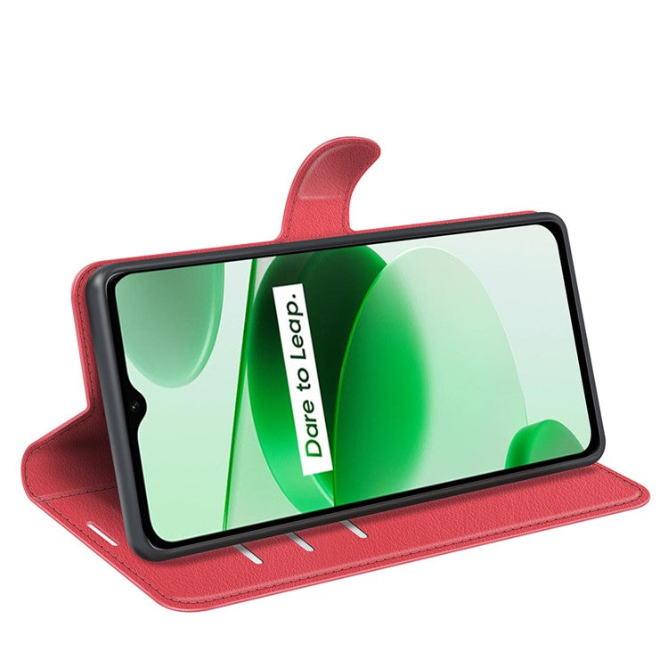 For Realme C35 Wallet Anti-scratch Litchi Texture PU Leather Flip Cover Stand Magnetic Closure Anti-dust Phone Case - Red
