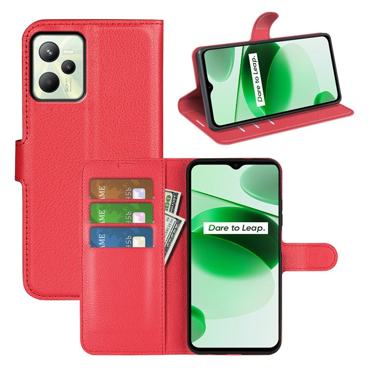 For Realme C35 Wallet Anti-scratch Litchi Texture PU Leather Flip Cover Stand Magnetic Closure Anti-dust Phone Case - Red