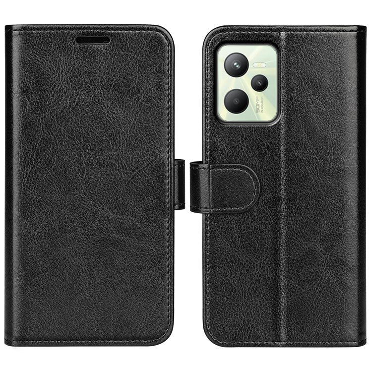 For Realme C35 Fall Proof Stand Phone Cover Crazy Horse Texture Folio Flip Leather Wallet Phone Case - Black