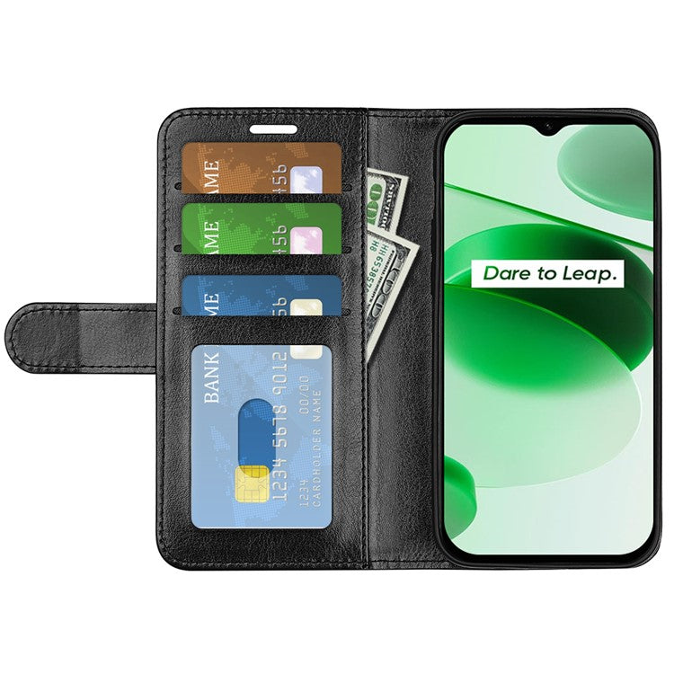 For Realme C35 Fall Proof Stand Phone Cover Crazy Horse Texture Folio Flip Leather Wallet Phone Case - Black