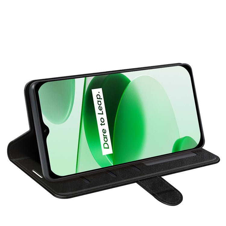 For Realme C35 Fall Proof Stand Phone Cover Crazy Horse Texture Folio Flip Leather Wallet Phone Case - Black