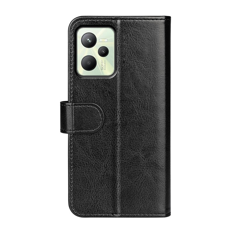 For Realme C35 Fall Proof Stand Phone Cover Crazy Horse Texture Folio Flip Leather Wallet Phone Case - Black