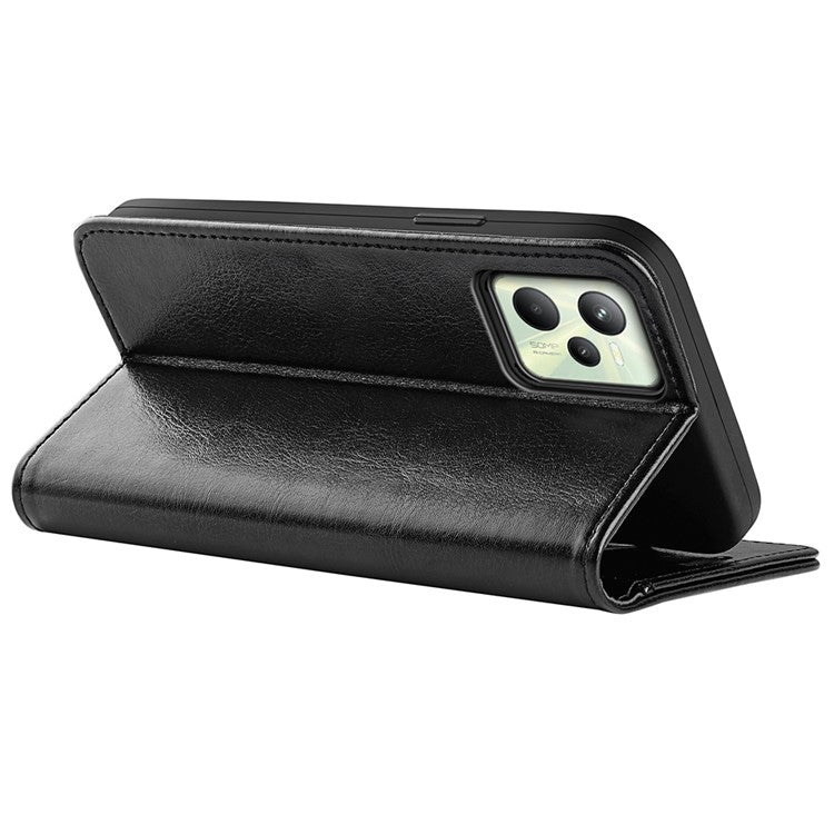 For Realme C35 Fall Proof Stand Phone Cover Crazy Horse Texture Folio Flip Leather Wallet Phone Case - Black