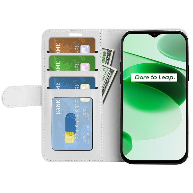 For Realme C35 Fall Proof Stand Phone Cover Crazy Horse Texture Folio Flip Leather Wallet Phone Case - White