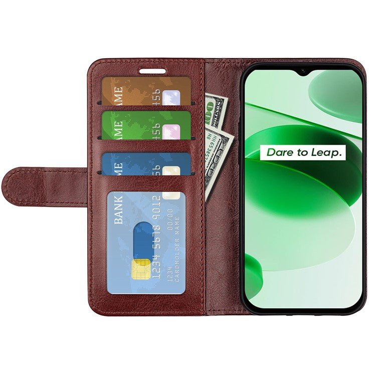 For Realme C35 Fall Proof Stand Phone Cover Crazy Horse Texture Folio Flip Leather Wallet Phone Case - Brown