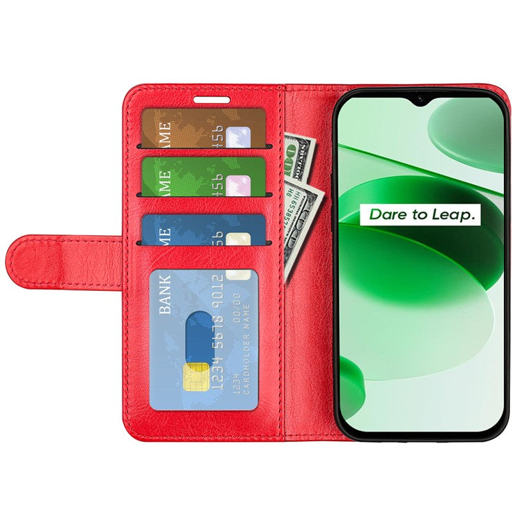 For Realme C35 Fall Proof Stand Phone Cover Crazy Horse Texture Folio Flip Leather Wallet Phone Case - Red