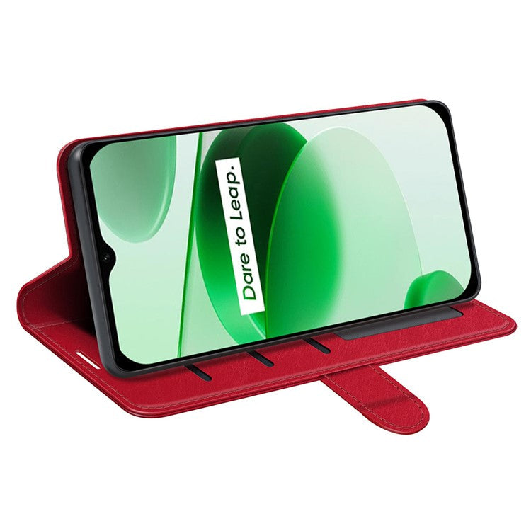 For Realme C35 Fall Proof Stand Phone Cover Crazy Horse Texture Folio Flip Leather Wallet Phone Case - Red