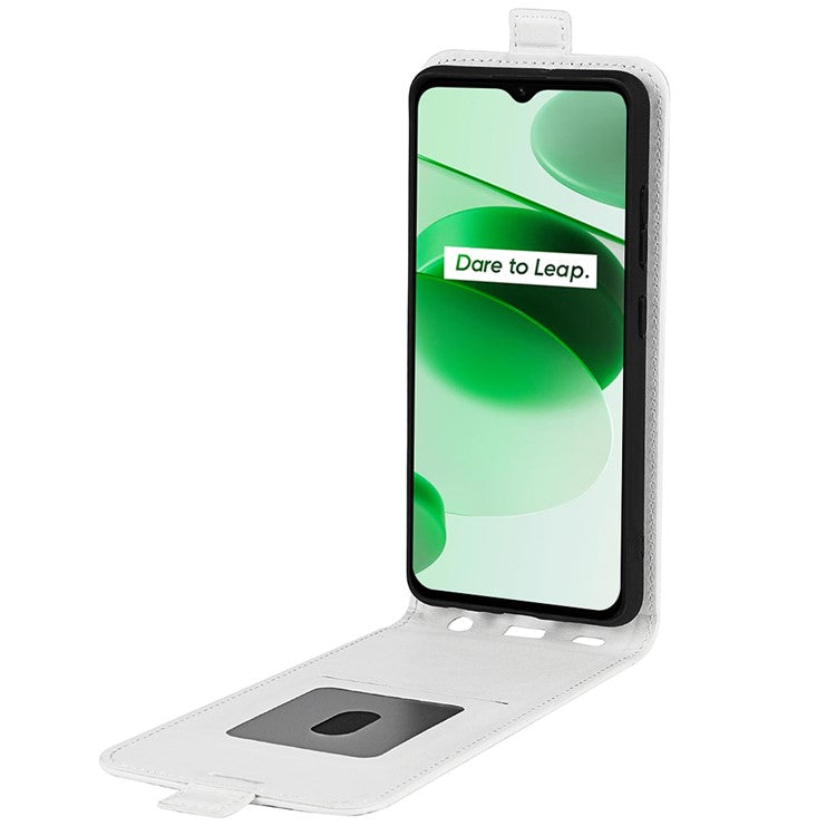 Vertical Flip Phone Case for Realme C35, Crazy Horse Texture PU Leather Cover with Card Holder - White