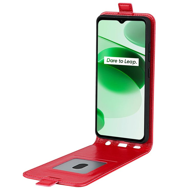 Vertical Flip Phone Case for Realme C35, Crazy Horse Texture PU Leather Cover with Card Holder - Red