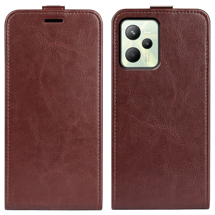 Vertical Flip Phone Case for Realme C35, Crazy Horse Texture PU Leather Cover with Card Holder - Brown