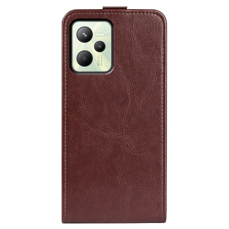 Vertical Flip Phone Case for Realme C35, Crazy Horse Texture PU Leather Cover with Card Holder - Brown