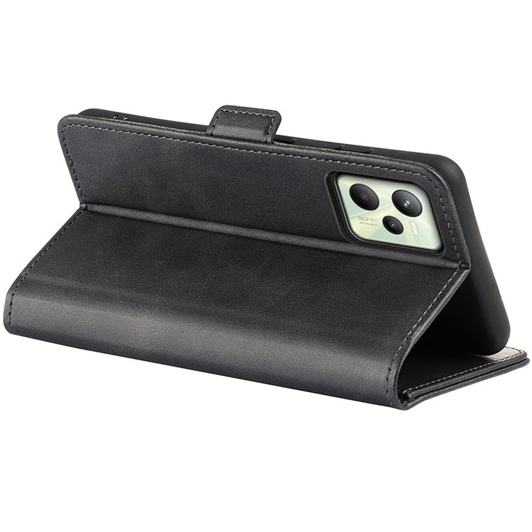 For Realme C35 Impact Resistant Textured PU Leather Phone Case Foldable Stand Wallet Function Phone Cover - Black