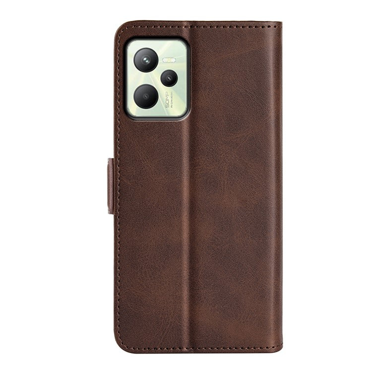 For Realme C35 Impact Resistant Textured PU Leather Phone Case Foldable Stand Wallet Function Phone Cover - Brown
