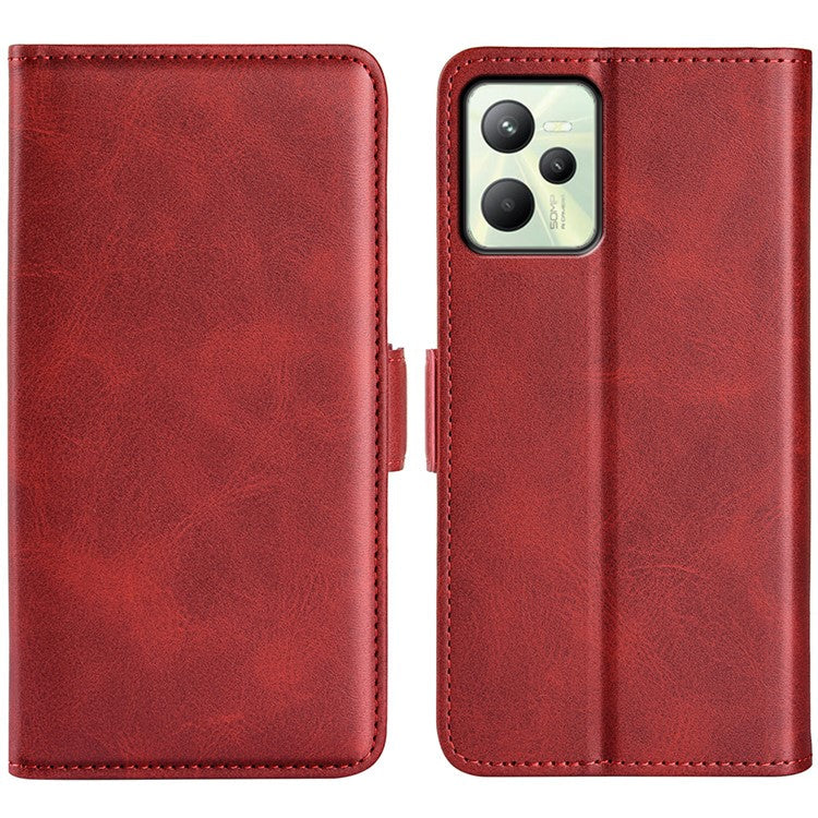 For Realme C35 Impact Resistant Textured PU Leather Phone Case Foldable Stand Wallet Function Phone Cover - Red