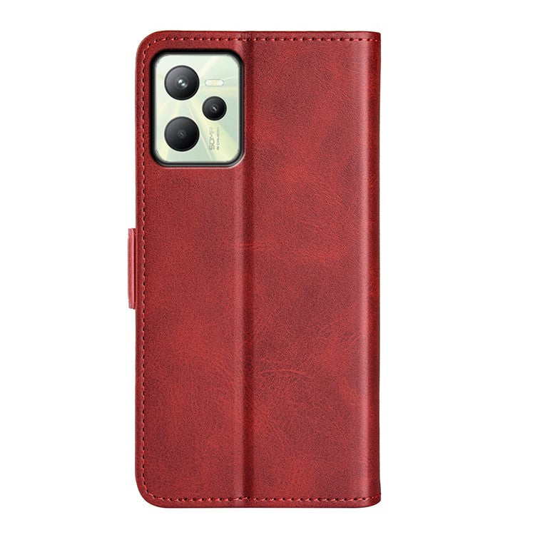 For Realme C35 Impact Resistant Textured PU Leather Phone Case Foldable Stand Wallet Function Phone Cover - Red