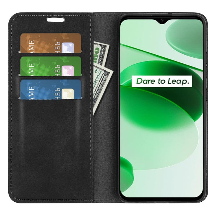 Silky-Touch Folio Flip Leather Cover for Realme C35, Phone Protective Case with Wallet Stand - Black