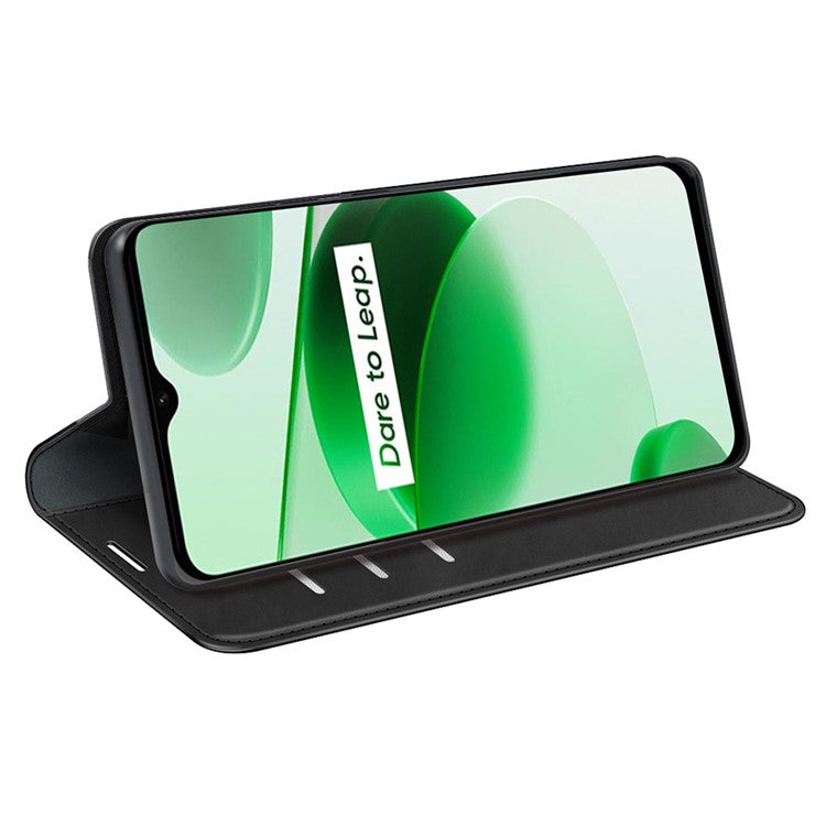 Silky-Touch Folio Flip Leather Cover for Realme C35, Phone Protective Case with Wallet Stand - Black