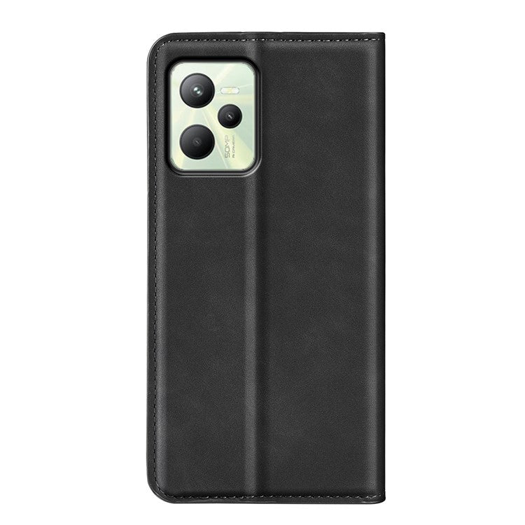 Silky-Touch Folio Flip Leather Cover for Realme C35, Phone Protective Case with Wallet Stand - Black