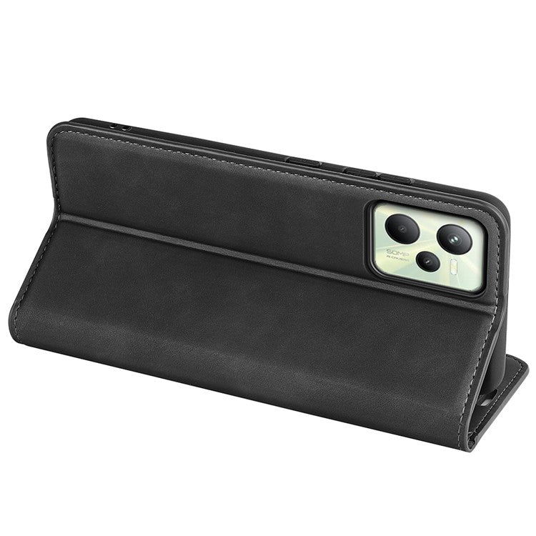 Silky-Touch Folio Flip Leather Cover for Realme C35, Phone Protective Case with Wallet Stand - Black