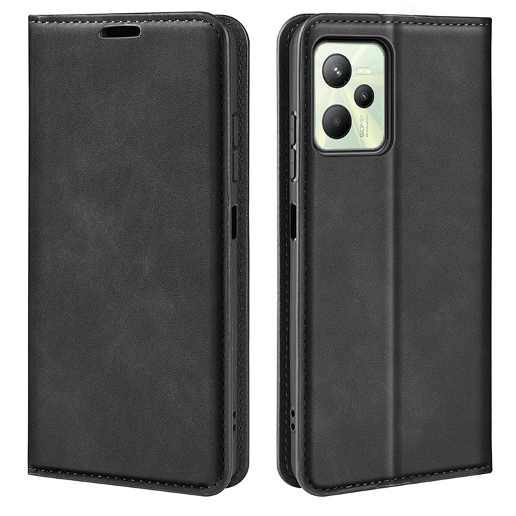 Silky-Touch Folio Flip Leather Cover for Realme C35, Phone Protective Case with Wallet Stand - Black