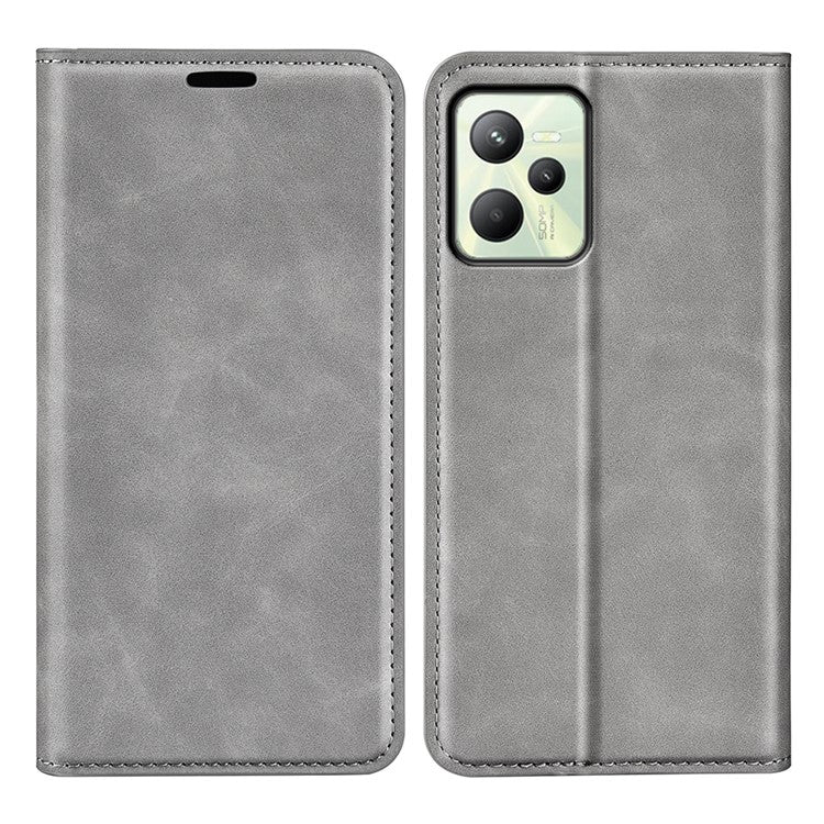 Silky-Touch Folio Flip Leather Cover for Realme C35, Phone Protective Case with Wallet Stand - Grey