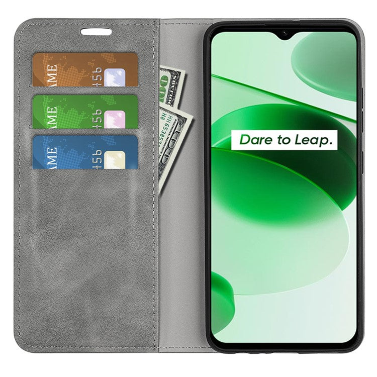 Silky-Touch Folio Flip Leather Cover for Realme C35, Phone Protective Case with Wallet Stand - Grey