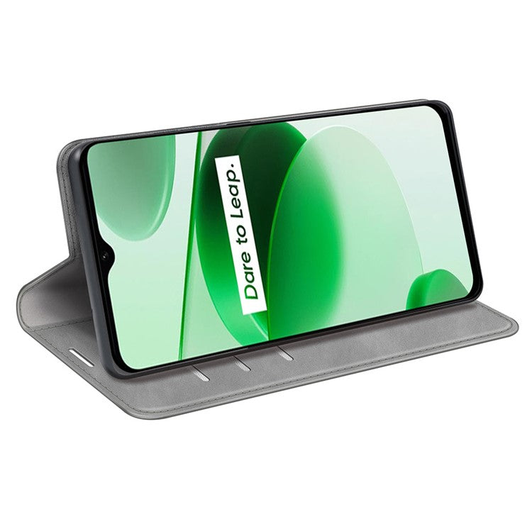 Silky-Touch Folio Flip Leather Cover for Realme C35, Phone Protective Case with Wallet Stand - Grey
