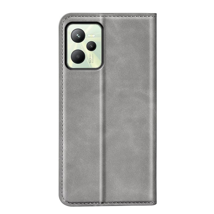 Silky-Touch Folio Flip Leather Cover for Realme C35, Phone Protective Case with Wallet Stand - Grey
