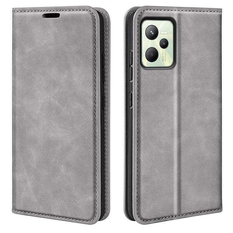 Silky-Touch Folio Flip Leather Cover for Realme C35, Phone Protective Case with Wallet Stand - Grey