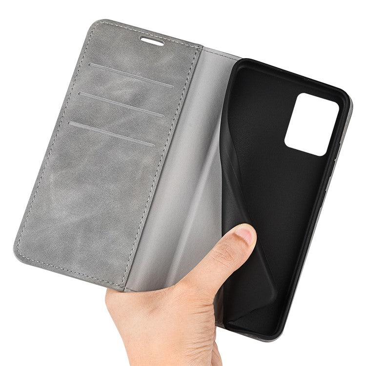 Silky-Touch Folio Flip Leather Cover for Realme C35, Phone Protective Case with Wallet Stand - Grey