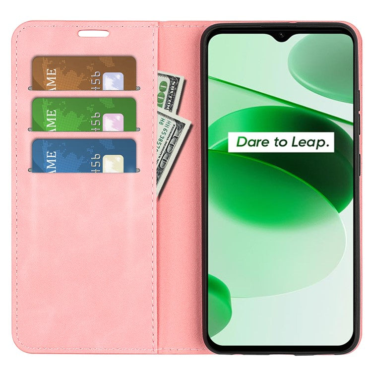 Silky-Touch Folio Flip Leather Cover for Realme C35, Phone Protective Case with Wallet Stand - Pink
