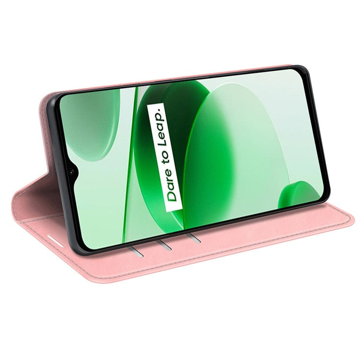 Silky-Touch Folio Flip Leather Cover for Realme C35, Phone Protective Case with Wallet Stand - Pink