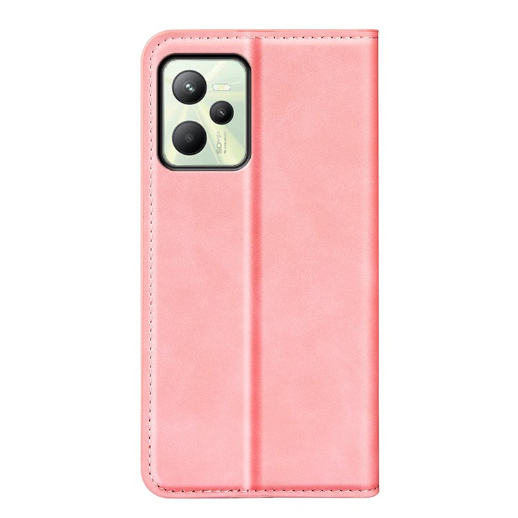 Silky-Touch Folio Flip Leather Cover for Realme C35, Phone Protective Case with Wallet Stand - Pink
