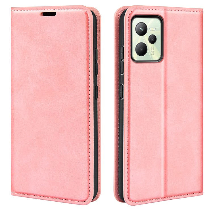 Silky-Touch Folio Flip Leather Cover for Realme C35, Phone Protective Case with Wallet Stand - Pink