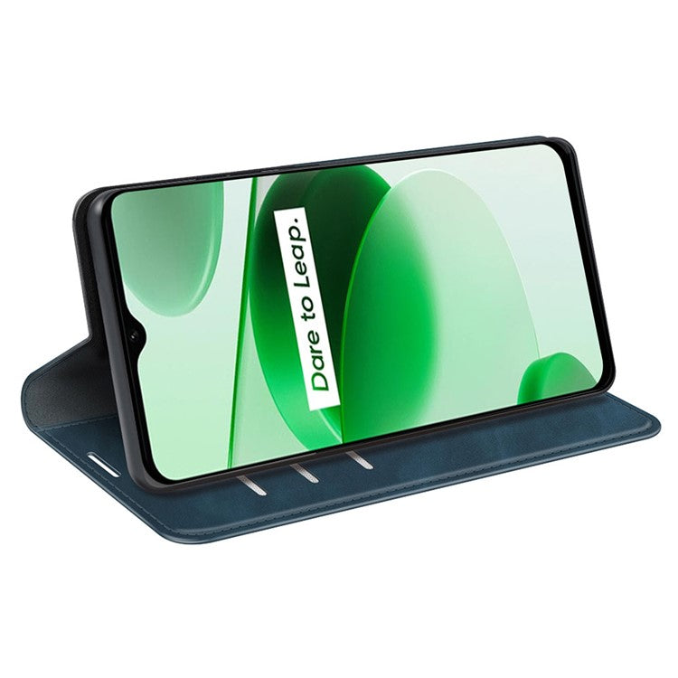 Silky-Touch Folio Flip Leather Cover for Realme C35, Phone Protective Case with Wallet Stand - Blue