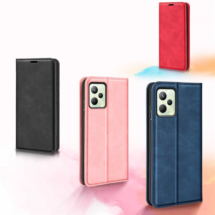 Silky-Touch Folio Flip Leather Cover for Realme C35, Phone Protective Case with Wallet Stand - Blue