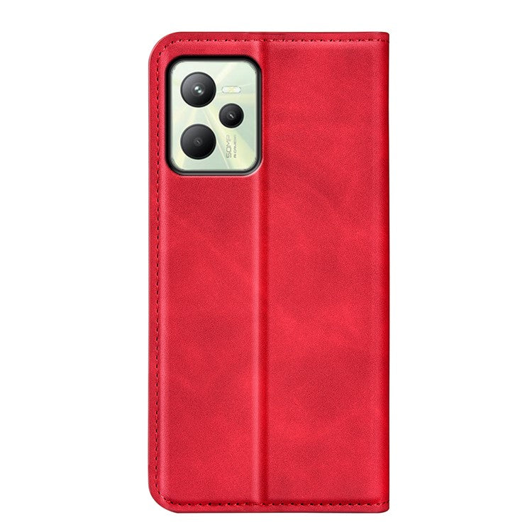 Silky-Touch Folio Flip Leather Cover for Realme C35, Phone Protective Case with Wallet Stand - Red