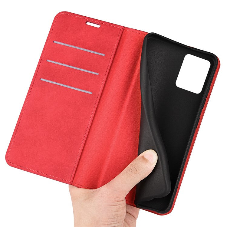 Silky-Touch Folio Flip Leather Cover for Realme C35, Phone Protective Case with Wallet Stand - Red