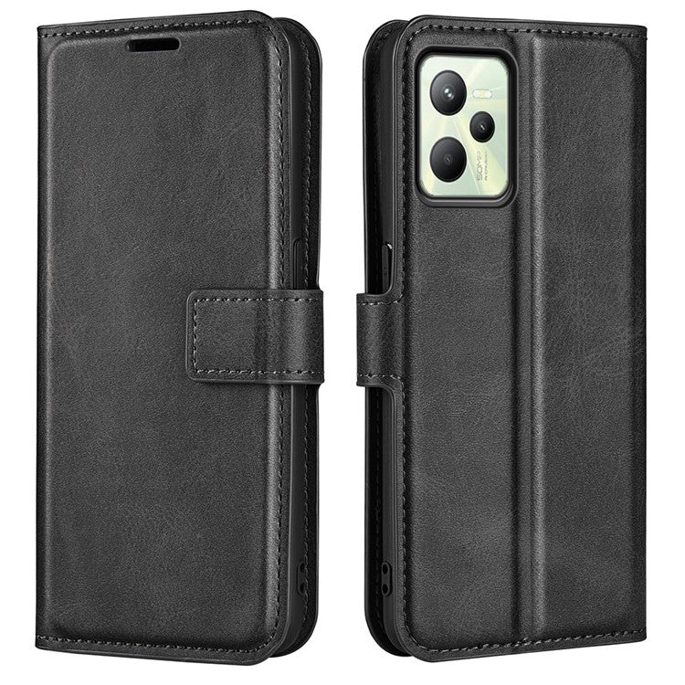 For Realme C35 Magnetic Folio Phone Cover Full Protection Textured PU Leather Wallet Stand Case - Black