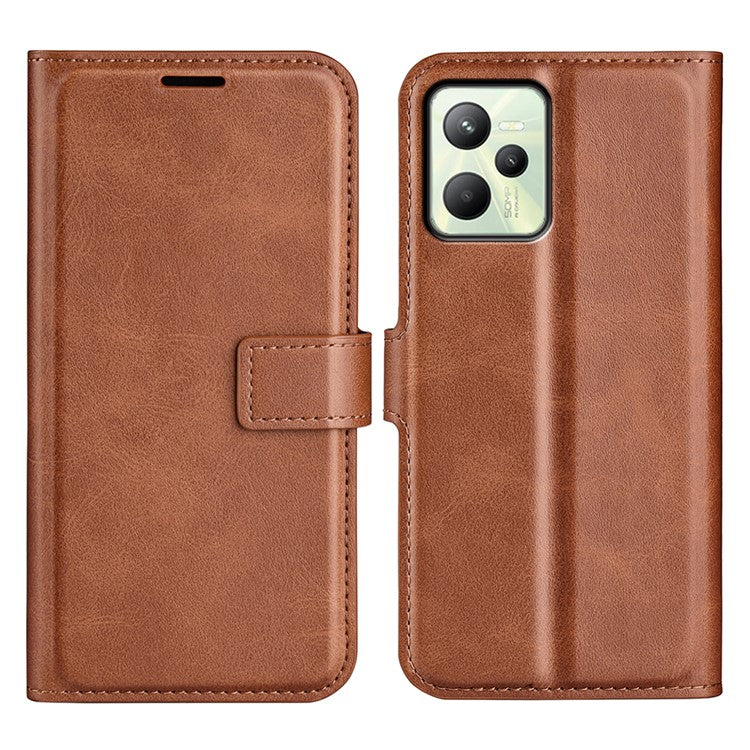 For Realme C35 Magnetic Folio Phone Cover Full Protection Textured PU Leather Wallet Stand Case - Light Brown