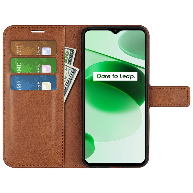 For Realme C35 Magnetic Folio Phone Cover Full Protection Textured PU Leather Wallet Stand Case - Light Brown