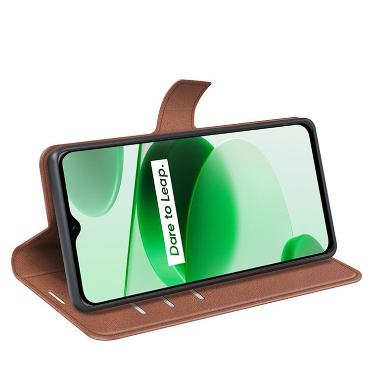 For Realme C35 Magnetic Folio Phone Cover Full Protection Textured PU Leather Wallet Stand Case - Light Brown