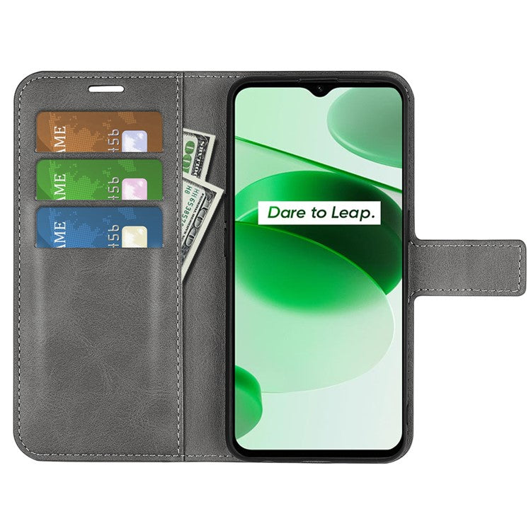 For Realme C35 Magnetic Folio Phone Cover Full Protection Textured PU Leather Wallet Stand Case - Grey