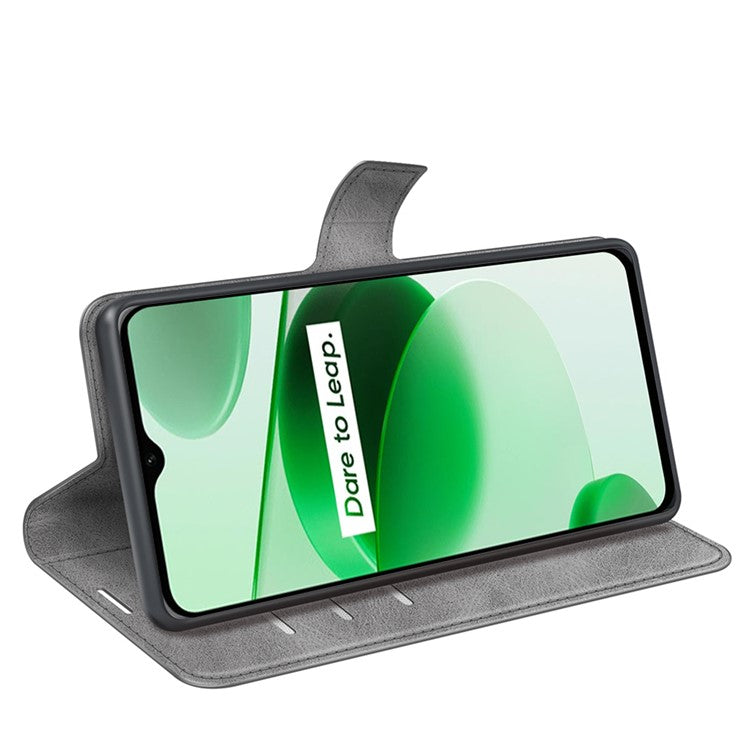 For Realme C35 Magnetic Folio Phone Cover Full Protection Textured PU Leather Wallet Stand Case - Grey