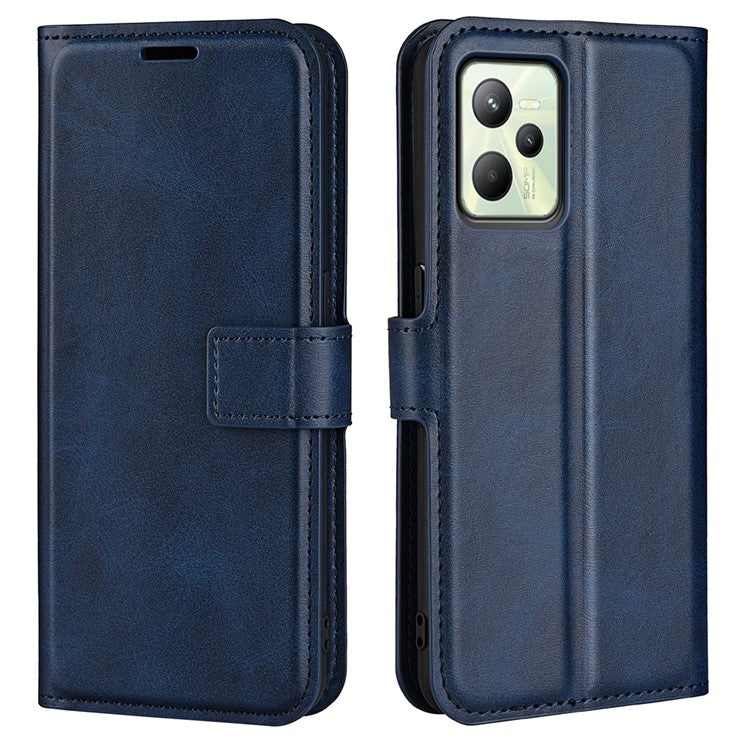 For Realme C35 Magnetic Folio Phone Cover Full Protection Textured PU Leather Wallet Stand Case - Blue