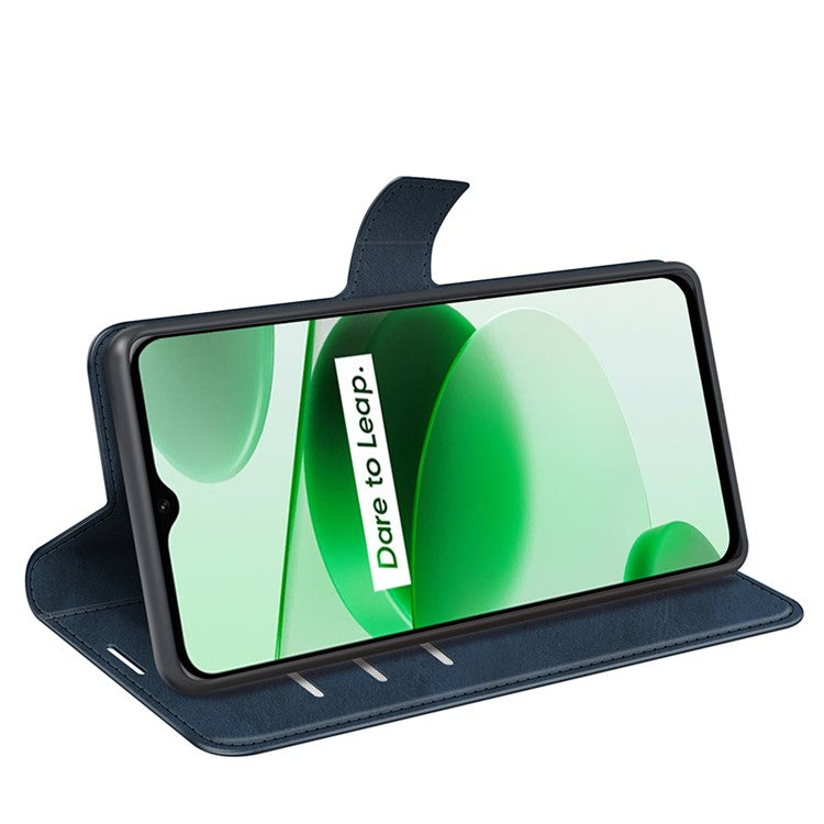 For Realme C35 Magnetic Folio Phone Cover Full Protection Textured PU Leather Wallet Stand Case - Blue