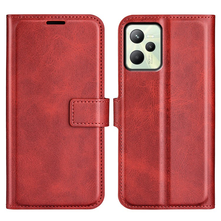 For Realme C35 Magnetic Folio Phone Cover Full Protection Textured PU Leather Wallet Stand Case - Red