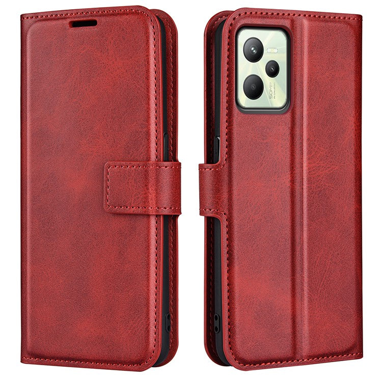 For Realme C35 Magnetic Folio Phone Cover Full Protection Textured PU Leather Wallet Stand Case - Red